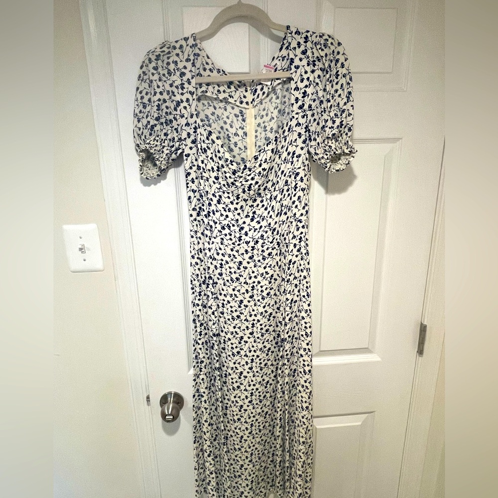 Reformation “Lacey” white and blue floral dress